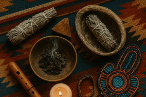 table full of indigenous tools/items
