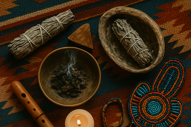 table full of indigenous tools/items