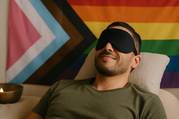 person with a blindfold on, laying in front of a pride flag