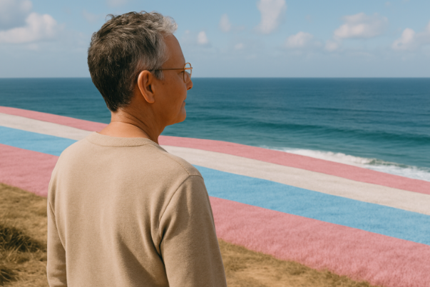 person standing in front of a beach covered in a transgender pride flag