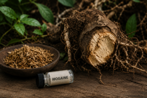 Photorealistic still life featuring a vial labeled ibogaine beside iboga root bark and shredded plant material on a rustic wooden surface, symbolizing the cultural, ecological, and ethical conversations surrounding ibogaine use and commercialization.