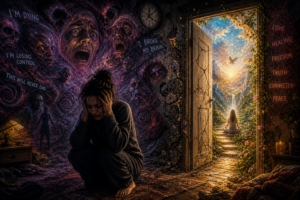 Illustration representing a challenging psychedelic experience, with a distressed person surrounded by fear and confusion while a bright doorway symbolizes hope and uncertainty.