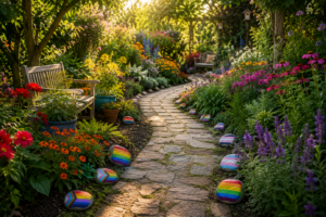 Community garden path representing inclusive psychedelic spaces, with colorful flowers and Pride-themed painted stones creating a welcoming environment.