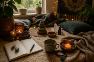 A calming preparation space with a journal, candles, crystals, blankets, plants, and grounding tools used to support psychedelic preparation and reduce the risk of a challenging psychedelic experience.