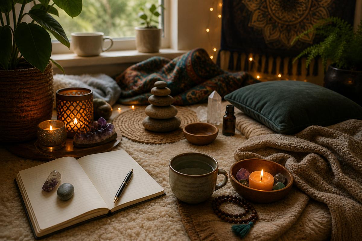 A calming preparation space with a journal, candles, crystals, blankets, plants, and grounding tools used to support psychedelic preparation and reduce the risk of a challenging psychedelic experience.