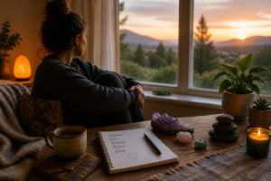 A person sitting quietly by a window at sunset with a journal, candle, crystals, and calming objects after a challenging psychedelic experience.