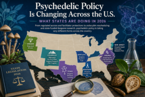 U.S. map illustrating psychedelic policy changes across states in 2026