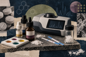 Editorial collage showing several drug-checking methods, including reagent bottles, a color test plate, fentanyl test strips, a spectroscopy device, and laboratory-style sample materials.