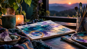 Process art supplies and a colorful abstract painting on a table beside a window at sunset